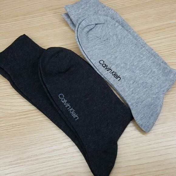 CALVIN KLEIN Mens Dress Socks 2-Pack Gray Charcoal Solid Crew Logo - Picture 3 of 4
